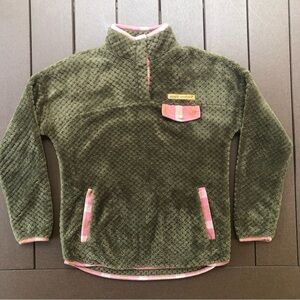 Simply Southern Olive Fluffy Pullover with Pink Trim Size S